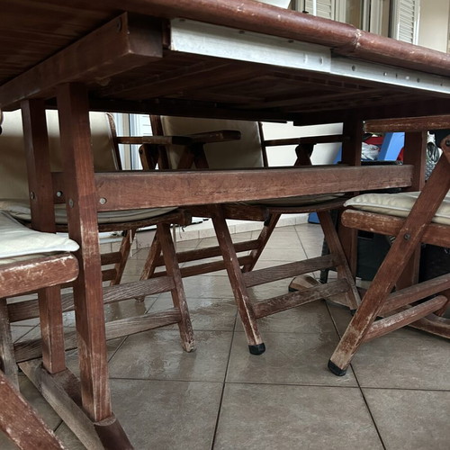 Outdoor wooden dining set used with 6 chairs and cushions