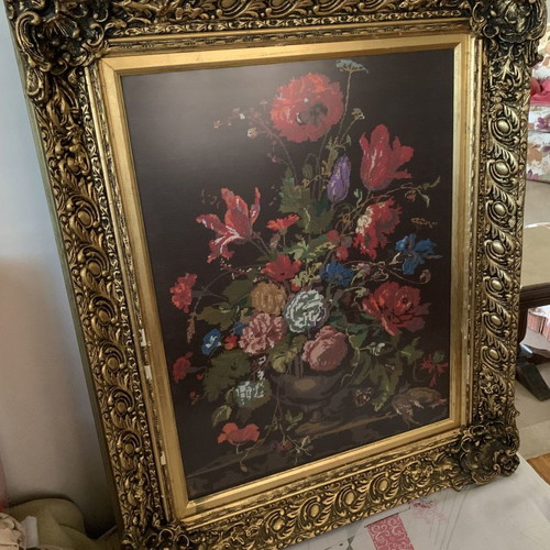 Embroidered flower painting used with wide frame 100x80 cm