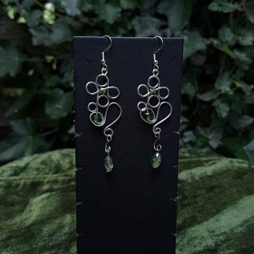 Wire-Worked Botanical Earrings new, silver and green