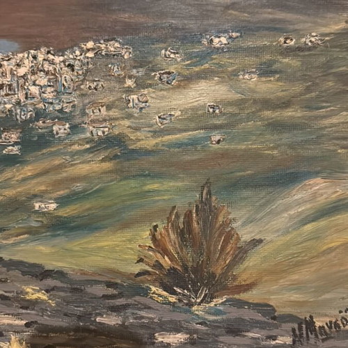 Handmade vintage painting of island landscape, used