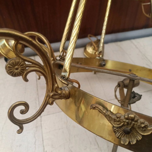 Bronze ceiling chandelier eight-light used with glass shades, vintage