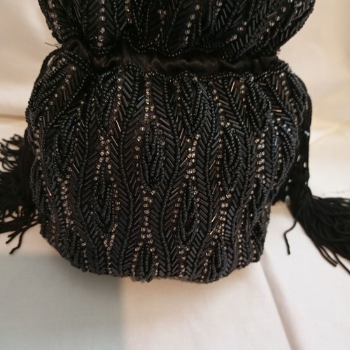 Vintage black evening bucket bag with beads and tassels