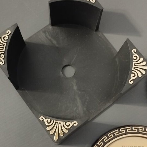 Vintage coaster set of 5 with original black holder from Rhodes