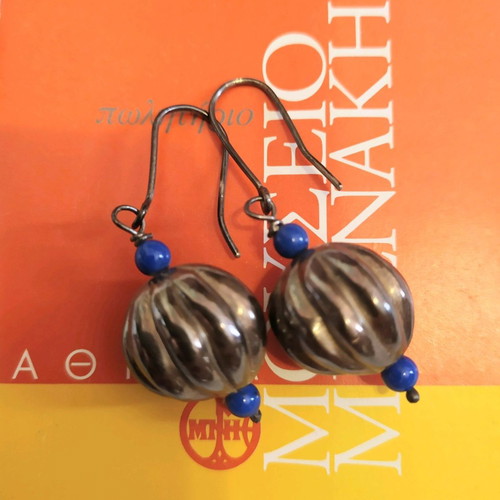 Silver handmade earrings with lapis lazuli from Benaki Museum new