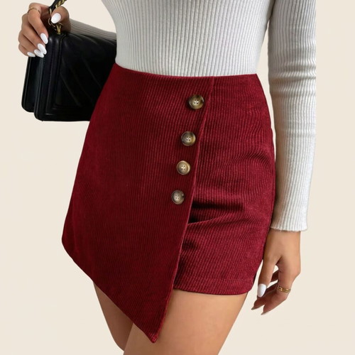 Red wrap skort with decorative button detail, new