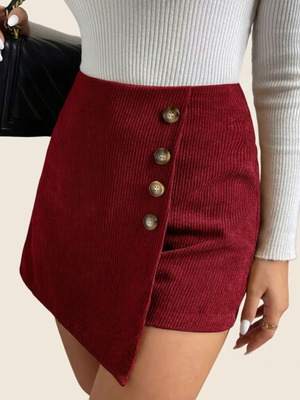 Red wrap skort with decorative button detail, new