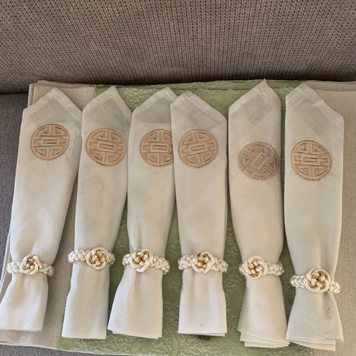 Vintage Japanese serving set for 6, unused fabric placemats with chopsticks