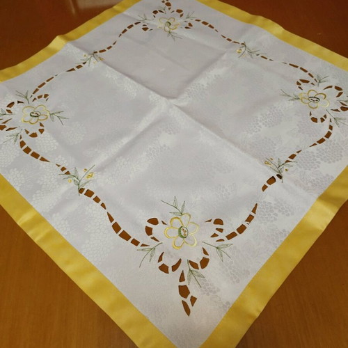 Satin table linen set with cutwork and floral embroidery, new, 5 pieces