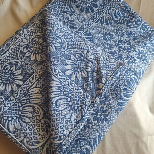 Vintage woven cotton bedspread blue white 203x148