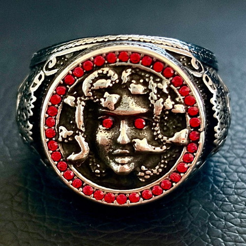 Medusa Gorgon ring, 316L stainless steel with red cubic zirconia