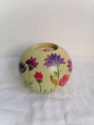 Round handmade wooden candlestick painted by hand, like new