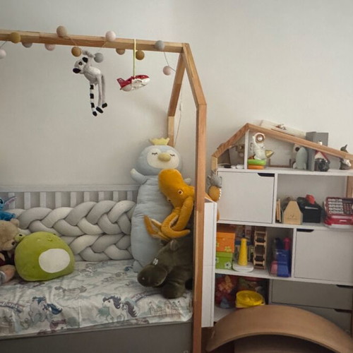 Bellamy Pinette Cot Bed 70 x 140 cm with Mattress and Bookshelf like new