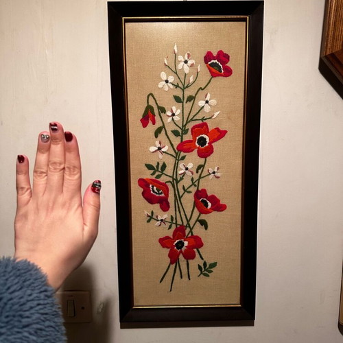 Embroidered framed textile used, relatively large size