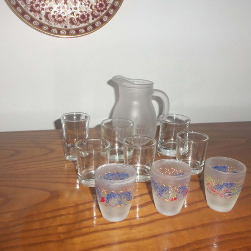 Small Ouzo Pitcher 0.25 L and Set of 9 Shot Glasses used