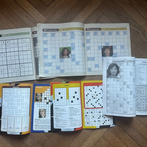Crossword and Sudoku magazines used, including kakuro and Scandinavian puzzles