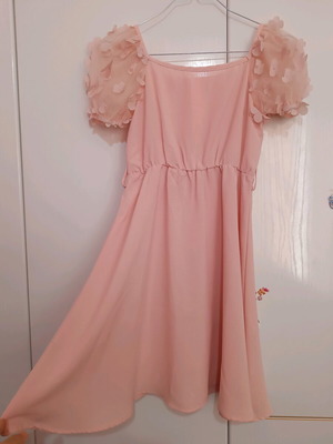 Shein pink summer dress with floral transparent sleeves, used, age 9