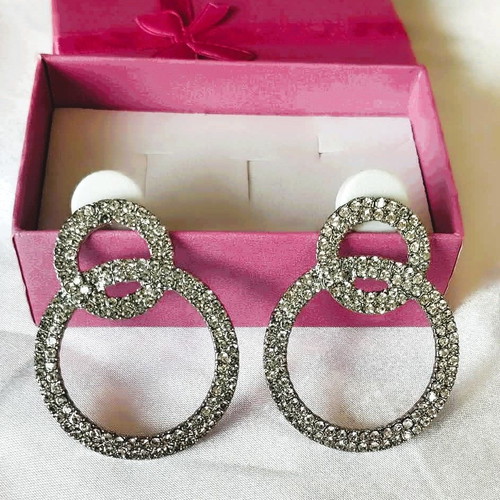 Earrings double hoops with sparkling strass new, silver