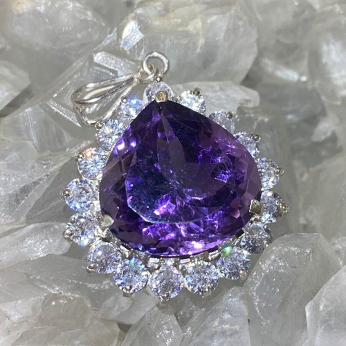 Silver pendant with large cut natural amethyst stone and moissanites, new