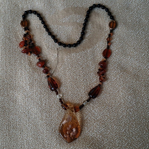Boho handmade necklace used with glass pendant brown orange