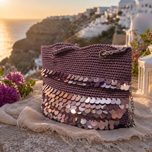 Lilac Shine Handmade Knitted Shoulder Bag with Sequins New