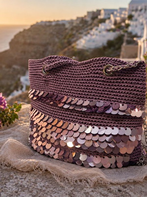 Lilac Shine Handmade Knitted Shoulder Bag with Sequins New
