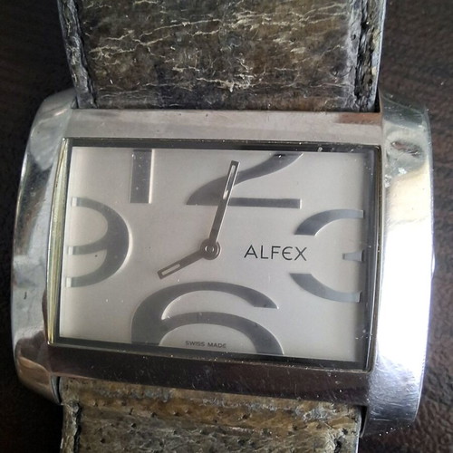Alfex Swiss-Made watch used, silver, leather strap