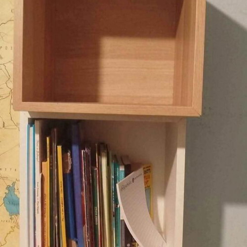 Wooden bed frame with foam mattress and 2 wall storage boxes, IKEA