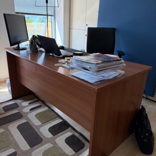 Wooden professional desk used, walnut color, sturdy construction