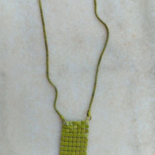 Vintage green metal mesh necklace with rectangular pendant