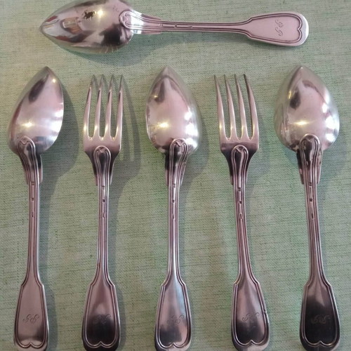 Christofle silver-plated Chinon cutlery set 5+1 used with monograms