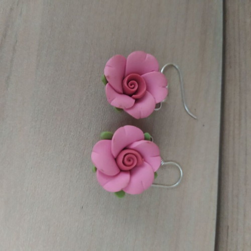 Rose dangle earrings like new pink made of special clay