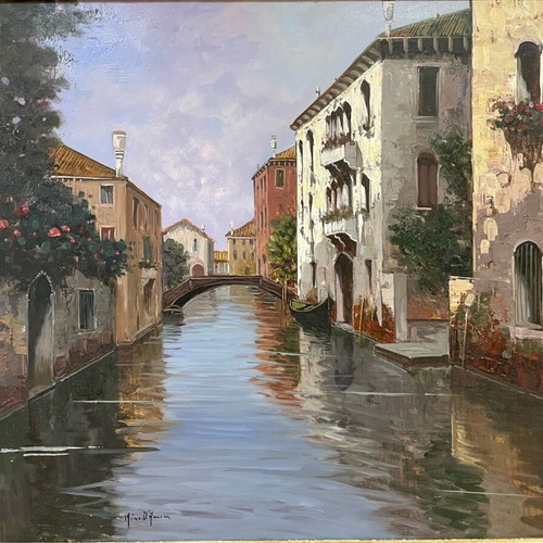 Oil painting used, embossed canal scene with handmade wooden frame
