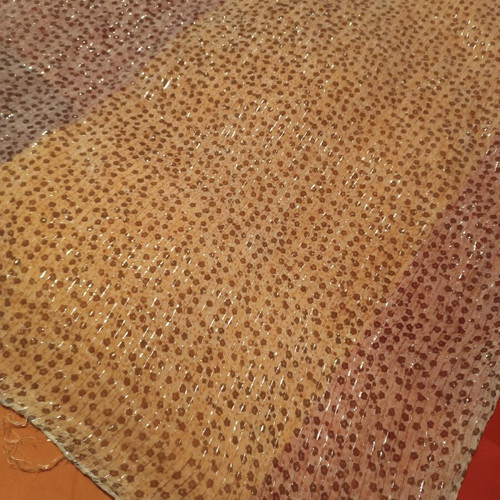 Square beige scarf like new with brown pattern and silver thread