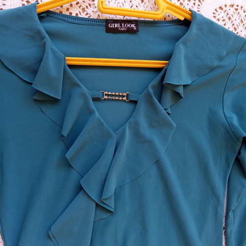 Blouse for girl size S used, shiny petrol fabric, short length