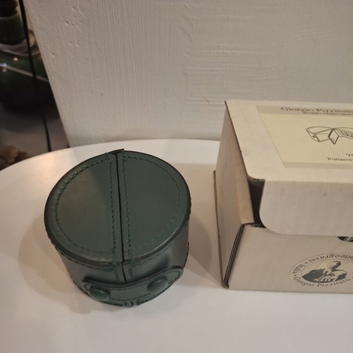 Cylindrical leather vintage travel case with small clock by Giorgio Pizzitutti