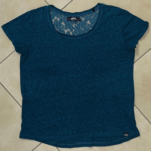 Superdry Women T-Shirt teal blue melange lace back size L like new