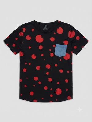 Clever Clothing men's t-shirt black with red polka dots and chest pocket, like new, size XXL