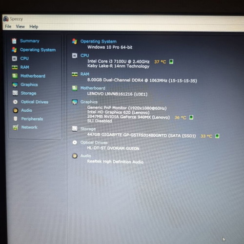 Lenovo Laptop i3 7100u Nvidia 940mx 8GB DDR4 500GB SSD Windows 10 Pro