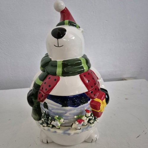 Porcelain Christmas Bear Cookie Jar like new
