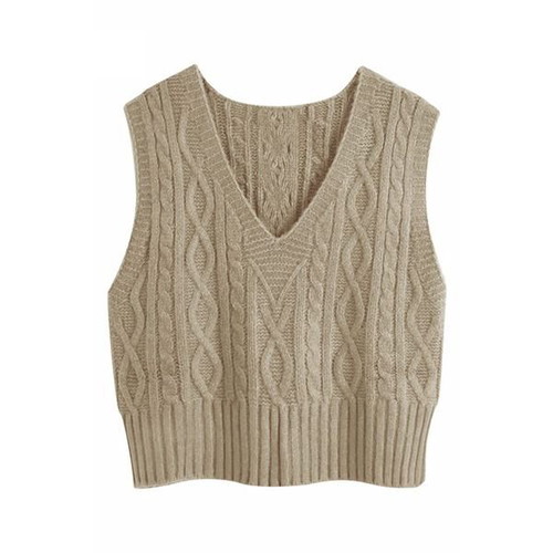 Women's knitted vest with V-neck, khaki, size S