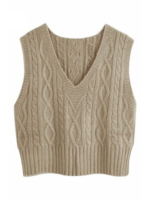 Women's knitted vest with V-neck, khaki, size S