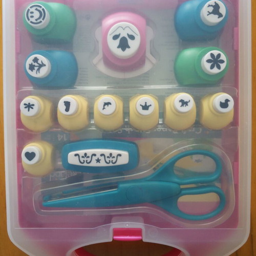 Craft punch set with 13 designs and scissors, like new