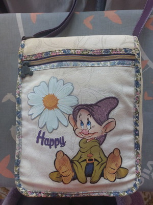 Vintage Disney χιαστί τσάντα με Dopey, μεταχειρισμένη, καμβάς μπεζ και μωβ