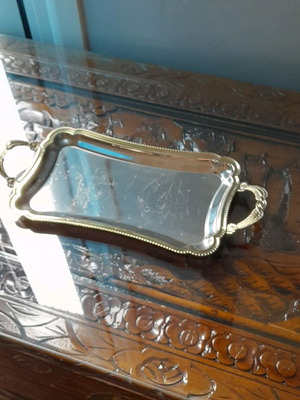 Silver-plated gold-tone serving tray used ~40×20