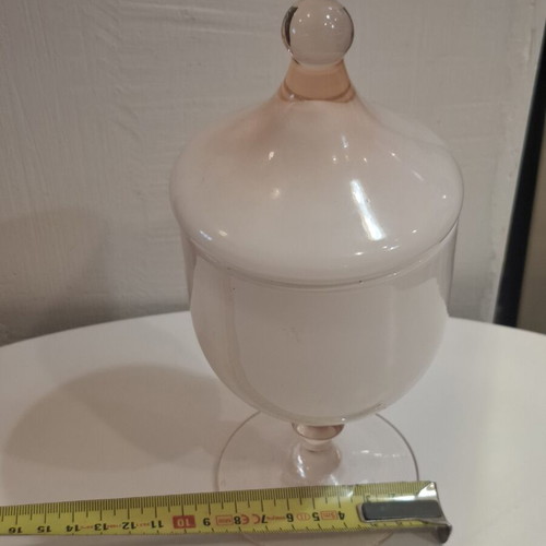 Vintage glass apothecary jar with lid and foot, pink opaline, like new
