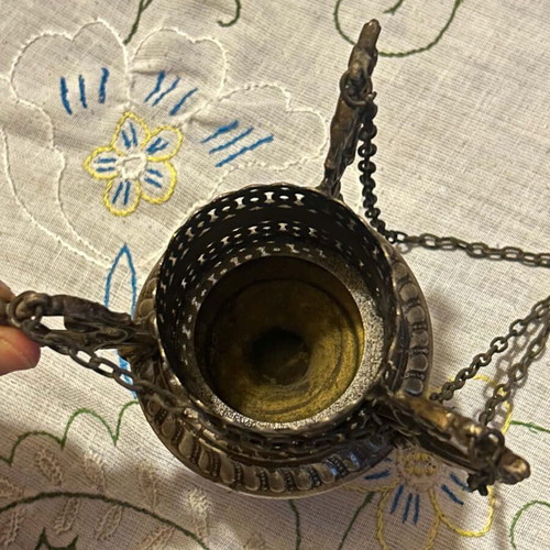 Old Silver-Plated Russian Candle Holder with Red Glass Used