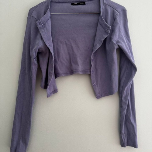 Crop cardigan, purple, with bleach marks