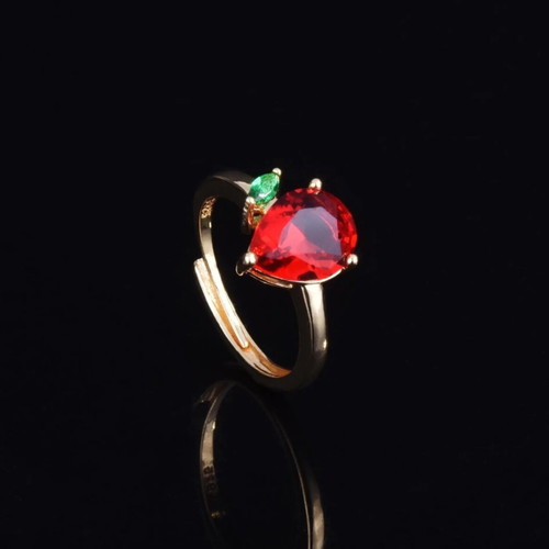 Adjustable ring with red teardrop stone and green detail, gold plated
