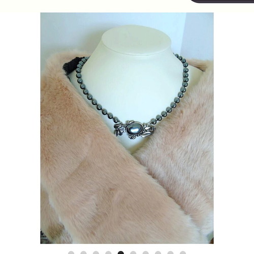 Vintage necklace with hematite beads and motif-pin used, gray