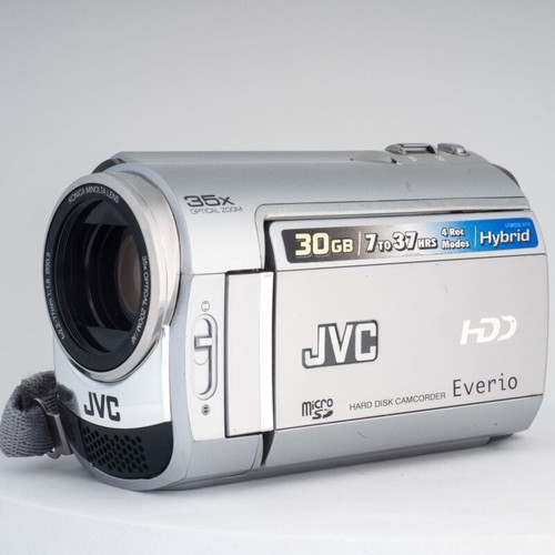 JVC Everio GZ-MG330HE camcorder used, vintage style silver